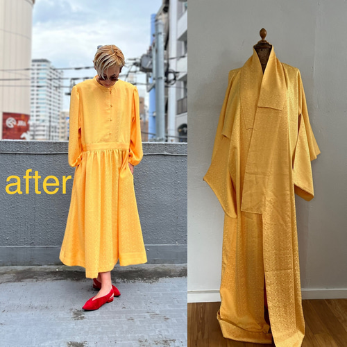 着物　リメイク　大島紬　スタンドカラー　ワンピース　パフスリーブ　マキシ 着物リメイク大島紬スタンドカラーワンピースパフスリーブマキシ