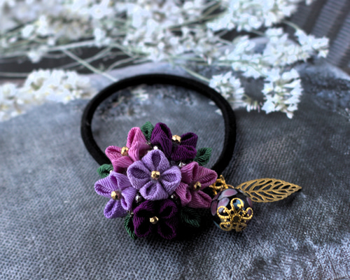 ❁ヘアゴム❁ハンドメイド 大人 デニム 刺繍 リボン レジン 猫【パープル】 ❁紫陽花＆とんぼ玉ヘアゴム・大人かわいいつまみ細工❁着物・浴衣和風