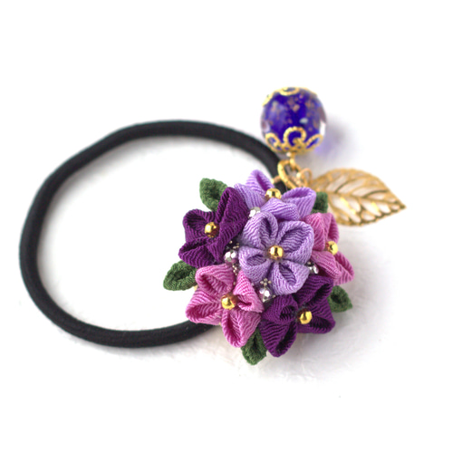 ❁紫陽花＆とんぼ玉つまみ細工ヘアゴム❁着物・浴衣つまみ細工髪飾り