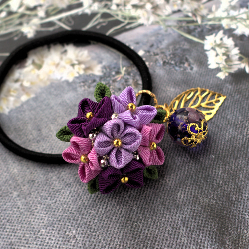 ❁紫陽花＆とんぼ玉つまみ細工ヘアゴム❁着物・浴衣つまみ細工髪飾り