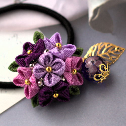 ❁紫陽花＆とんぼ玉つまみ細工ヘアゴム❁着物・浴衣つまみ細工髪飾り  