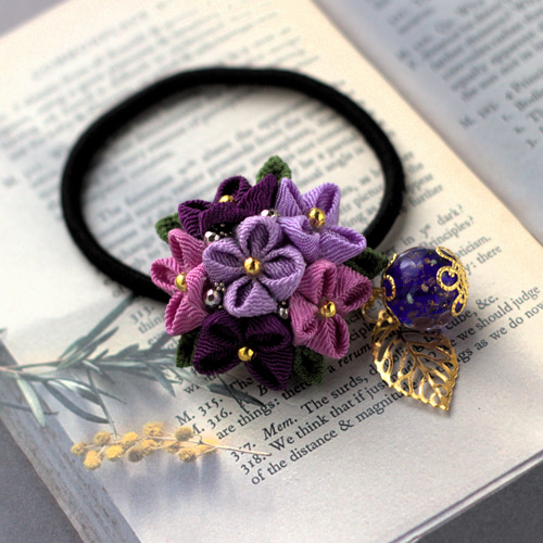 ❁紫陽花＆とんぼ玉つまみ細工ヘアゴム❁着物・浴衣つまみ細工髪飾り