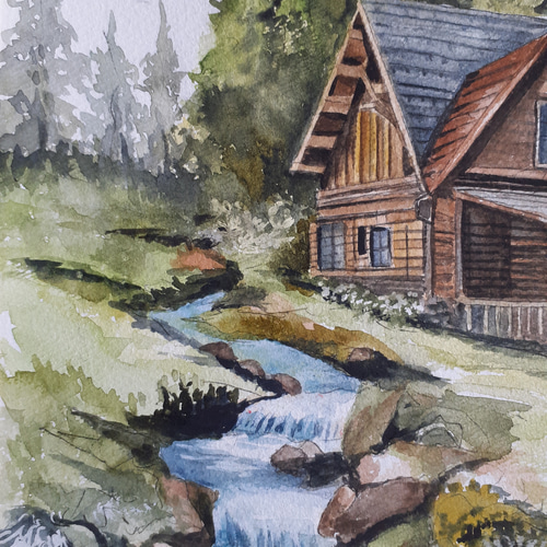 Amazon.co.jp: （真作）里山のくらし 水彩画 風景画 真作