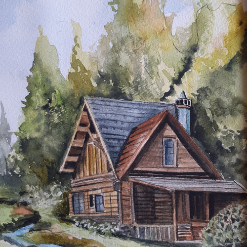 山中小屋 山水畫 日本畫 水彩画 絶景かな…山小屋 絵画 makochin 通販 18729379｜Creema