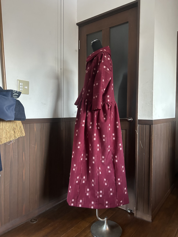 着物リメイク　絣デカ襟ワンピース 6枚目の画像