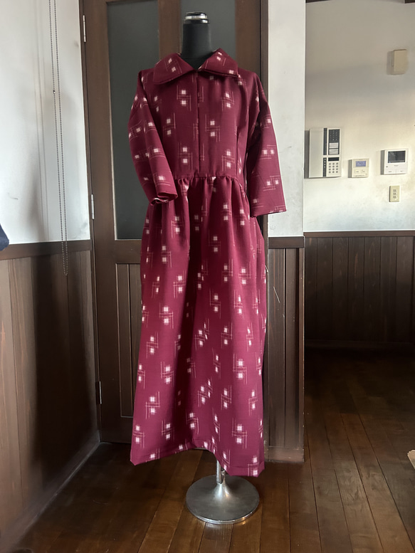 着物リメイク　絣デカ襟ワンピース 4枚目の画像