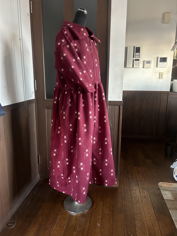 着物リメイク　絣デカ襟ワンピース 3枚目の画像