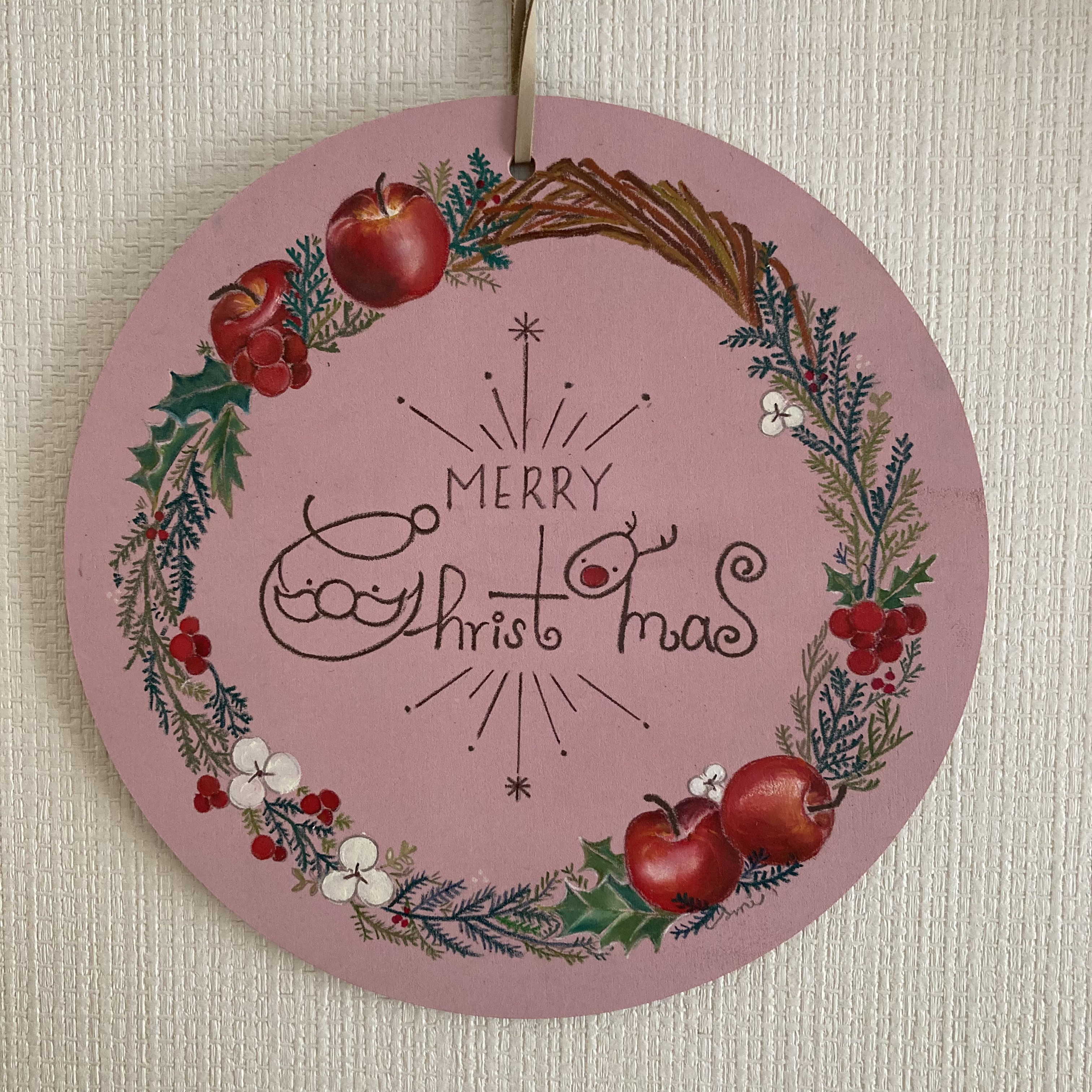 クリスマスリースボード  壁掛け、玄関周りに。限定ピンクバージョン【チョークアート原画】