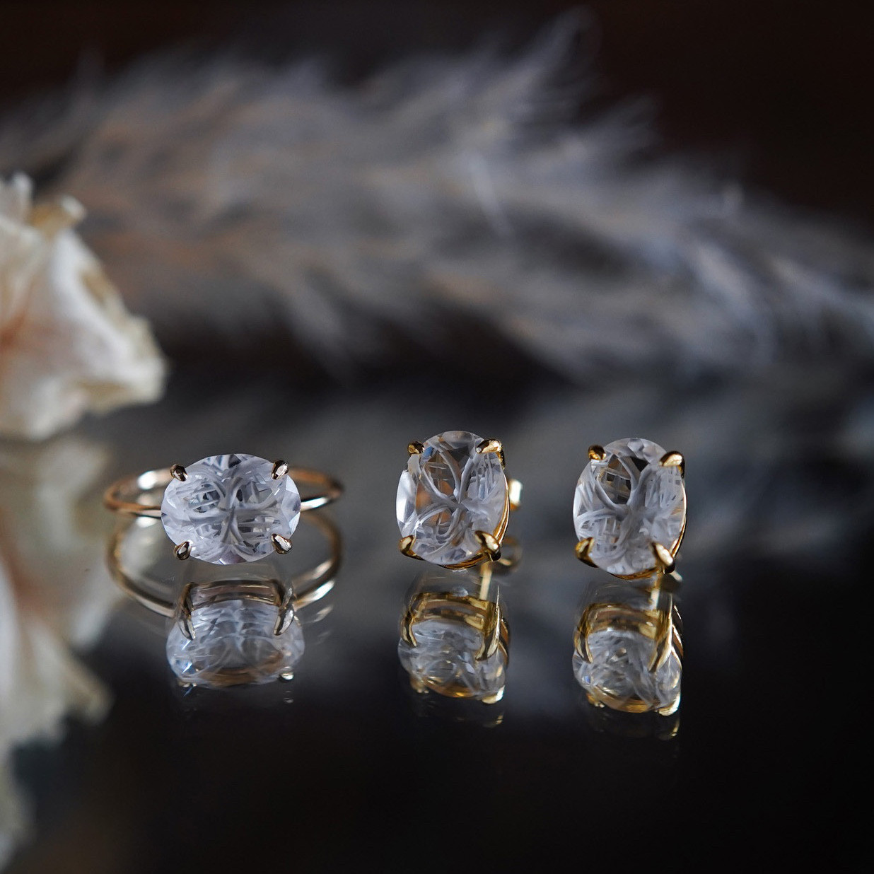 Creema限定★お得なセットcarving crystal quartzピアス・リング（送料無料☆）