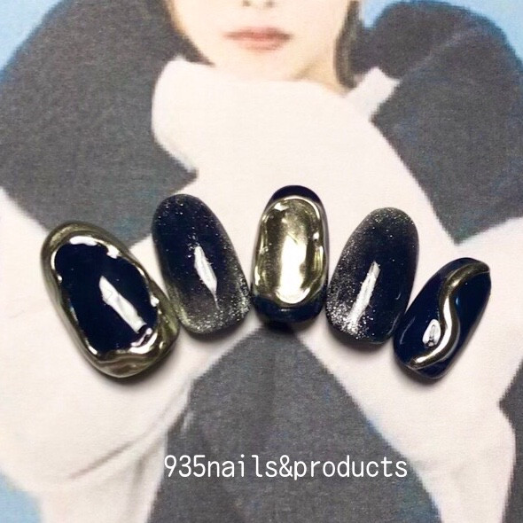 ネイルチップ ネイビー/紺 マグネットネイル×シルバーミラーネイル