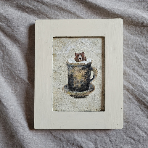 マグカップに入るクマさん インテリアアート 木製フレーム 絵画 ネムリ