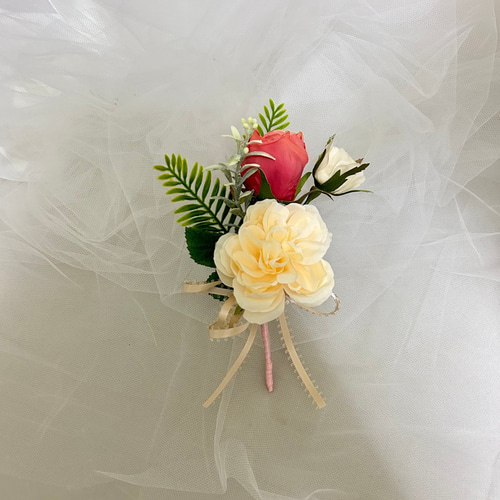 ウェディングブーケ アーティフィシャルフラワー ダリア セルリア・ダリア・オレンジ色の薔薇がメインの優しい色合いの