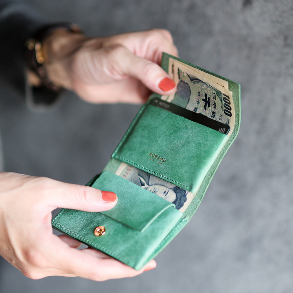 送料無料 AURAMU イージーウォレット イタリアンレザー CESC セージ ミニ財布 コンパクト財布 2枚目の画像