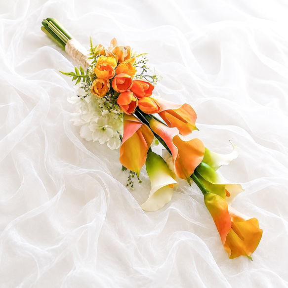 高級オレンジ×イエロー♡ ウェディングブーケ＆ブートニア付き 韓国風 結婚式 生花に見える】 カラー チューリップ ウェディングブーケ ブートニア