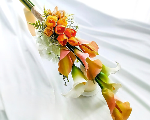sale　ウェディングブーケ　造花　アンスリウム　チューリップ　ピンク　オレンジ オレンジチューリップとスズランの韓国風ブーケ アーティフィシャル