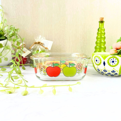 レトロなりんご柄の耐熱保存容器大中小3点セット＊2種☆耐熱ガラス