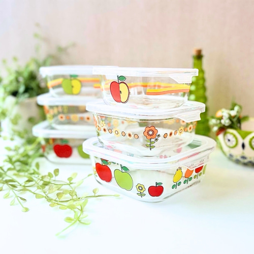 レトロなりんご柄の耐熱保存容器大中小3点セット＊2種☆耐熱ガラス