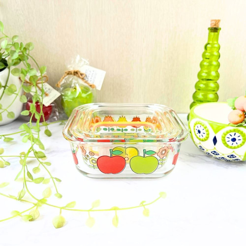 レトロなりんご柄の耐熱保存容器大中小3点セット＊2種☆耐熱ガラス