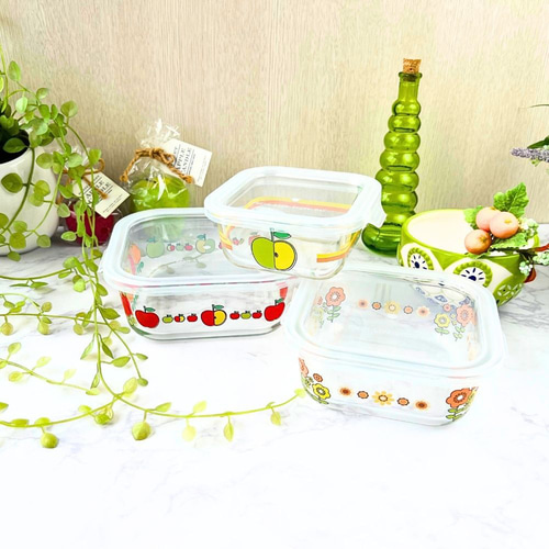 レトロなりんご柄の耐熱保存容器大中小3点セット＊2種☆耐熱ガラス