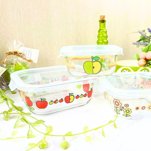 レトロなりんご柄の耐熱保存容器大中小3点セット＊2種☆耐熱ガラス