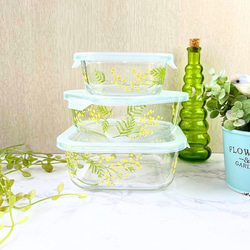 ミモザ柄の耐熱保存容器大中小3点セット☆耐熱ガラス 保存容器