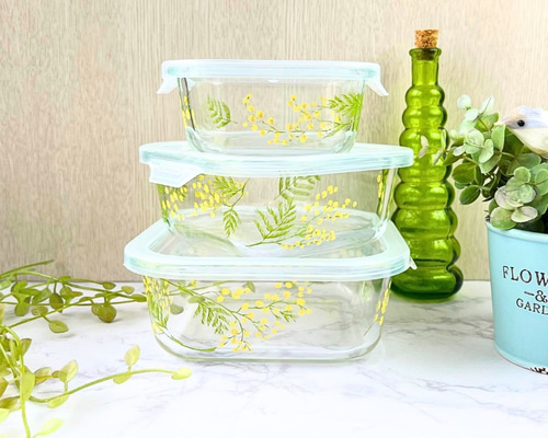 イエローガラス 蓋付き容器 花模様 イエローガラス 蓋付き容器 花模様