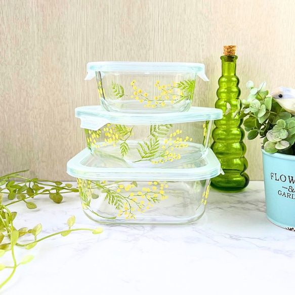 ミモザ柄の耐熱保存容器大中小3点セット☆耐熱ガラス 保存容器