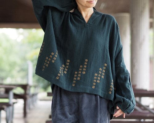 ダブルガーゼの2wayゆったり長袖ブラウス/フォレストグリーン ブラウス