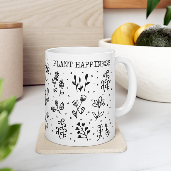 花と植物のマグカップ PLANT HAPPINESS 幸せを育てる モノトーン マグカップ コーヒーカップ 2枚目の画像