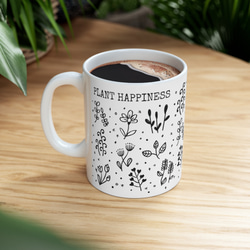 花と植物のマグカップ PLANT HAPPINESS 幸せを育てる モノトーン マグカップ コーヒーカップ 1枚目の画像