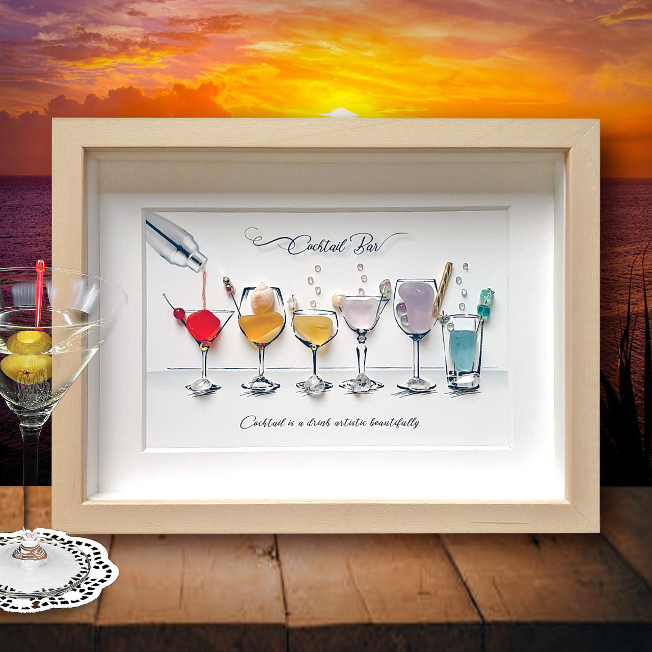 シーグラスアート『 大きなすいかカクテル～夜空に～』 Sea glass art シーグラスアート カクテル cocktail 大きめ