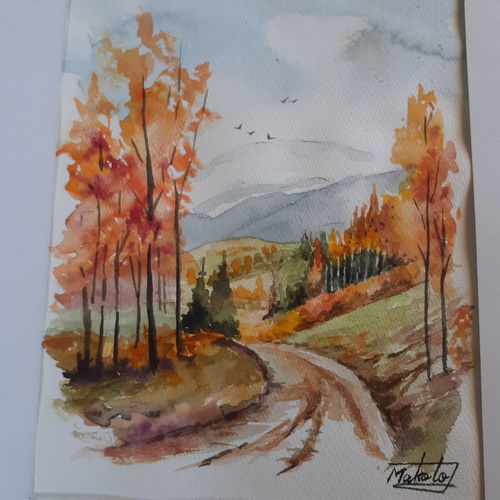 水彩画 紅葉の山々木々 絵画 makochin 通販 16593779｜Creema