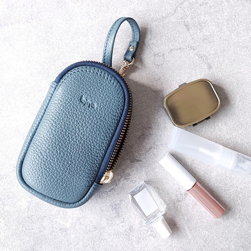 ぶら下げポーチ（プレーンカラー・ブルーグレー） レザー 小物入れ 縦