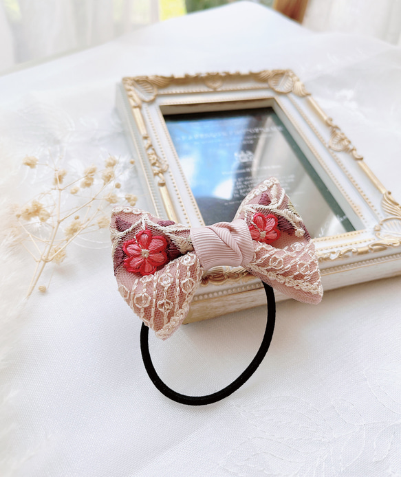 秋らしい くすみピンク系 インド刺繍花柄リボン ヘアゴム ピンク