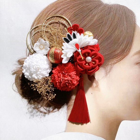 つまみ細工 髪飾り 赤×白 14点セット】 成人式 前撮り 卒業式 結婚式