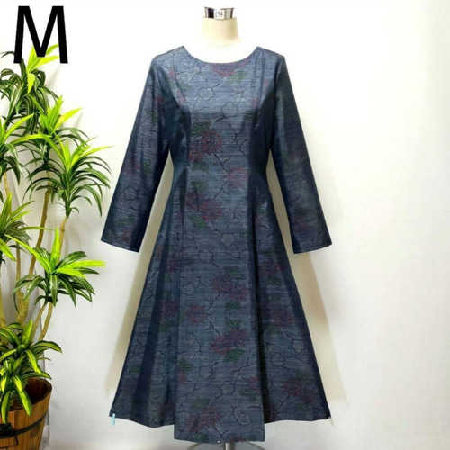 アンティーク大島紬 着物リメイク ワンピース 2WAY Aライン 花柄