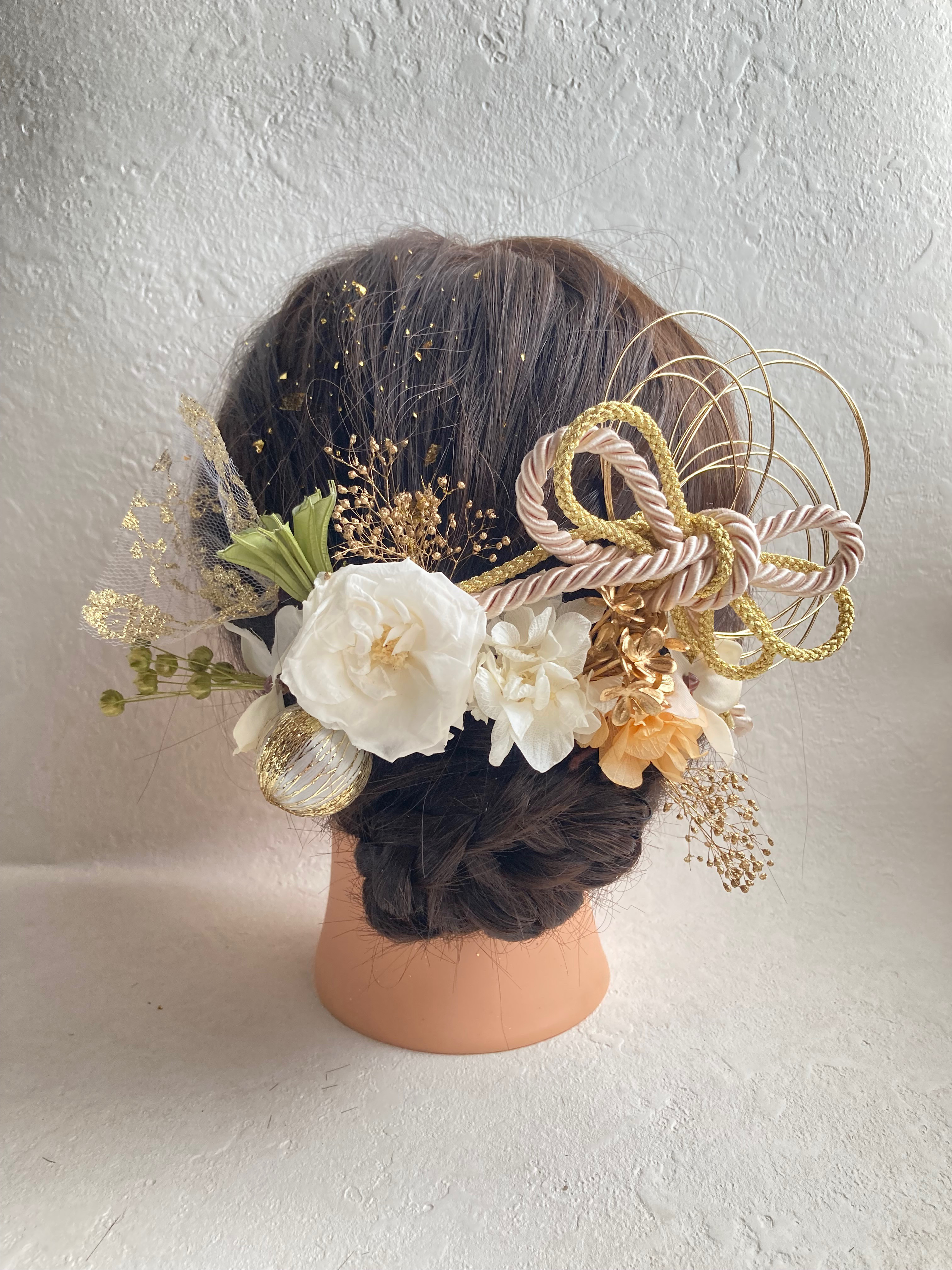 髪飾り【水引 金箔付き】成人式髪飾り 結婚式髪飾り フレンチマリアンヌ　オレンジ グリーン ウェディング