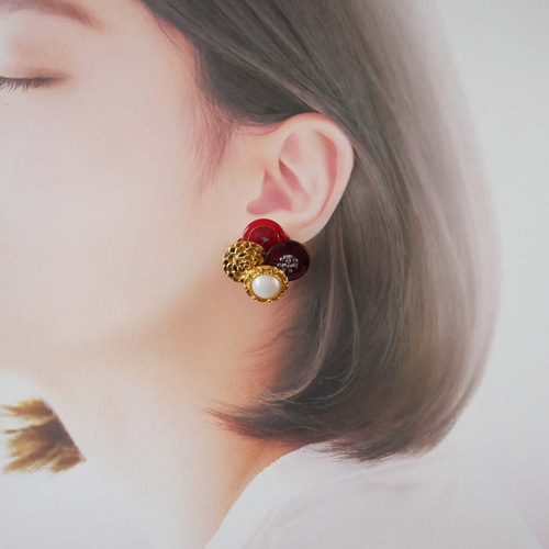 ピアス/イヤリング ボタンアクセサリー 2WAY アシンメトリー