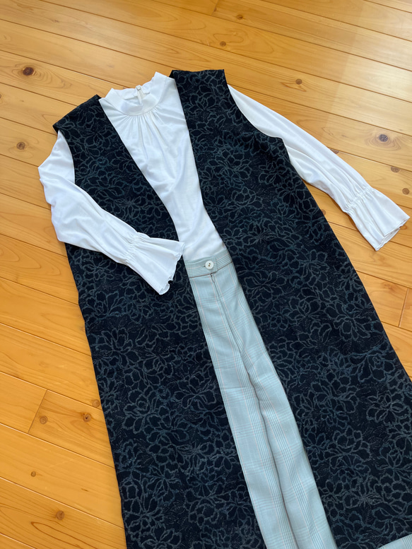 ロングジレ 黒花柄夏着物リメイク Lサイズ ベスト 古布工房Y 通販 