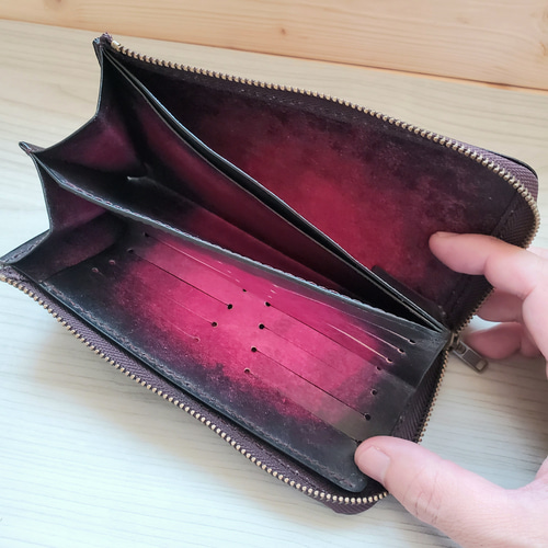 ラウンドファスナー長財布【アンティーク染】ダークピンク色【本革ヌメ