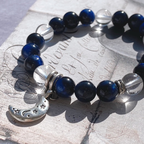 心が落ち着くお守り】ブルータイガーアイ×5Aランク水晶 天然石  