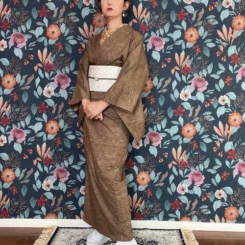ブラウン無地風薔薇柄木綿着物 着物 花鹿 kajika 通販 16595161
