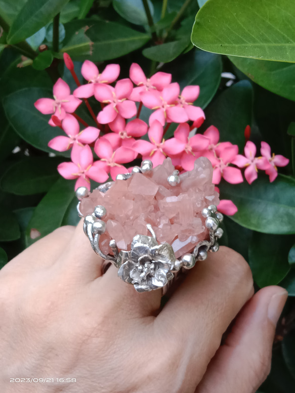 粉晶簇原礦手工銀戒 純銀戒指~ 「Love」~ Rose Quartz Cluster Silver Ring 第20張的照片