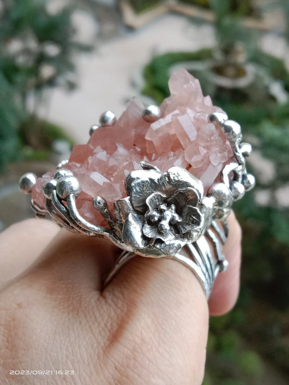 粉晶簇原礦手工銀戒 純銀戒指~ 「Love」~ Rose Quartz Cluster Silver Ring 第5張的照片