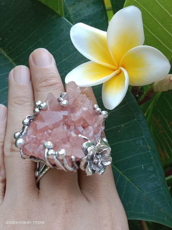 粉晶簇原礦手工銀戒 純銀戒指~ 「Love」~ Rose Quartz Cluster Silver Ring 第1張的照片