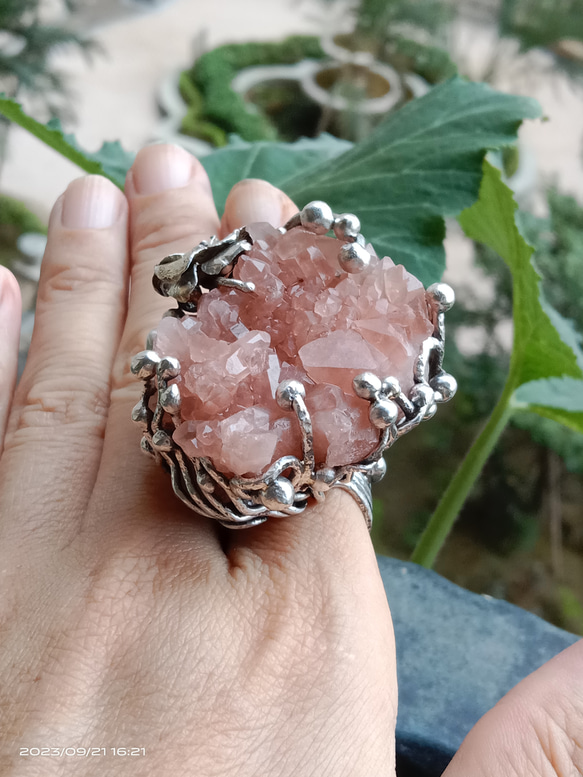 粉晶簇原礦手工銀戒 純銀戒指~ 「Love」~ Rose Quartz Cluster Silver Ring 第3張的照片