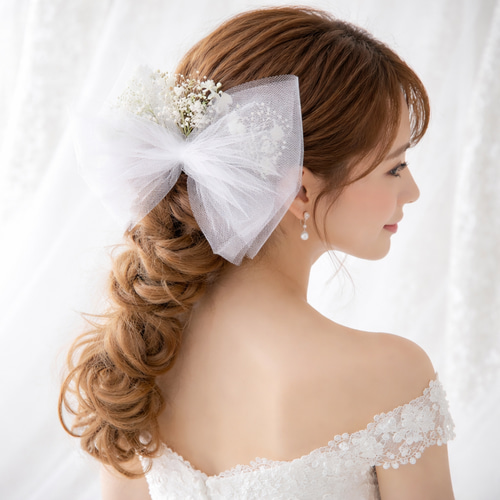 かすみ草 チュール ヘッドドレス 結婚式ヘアアクセサリー ブライダル