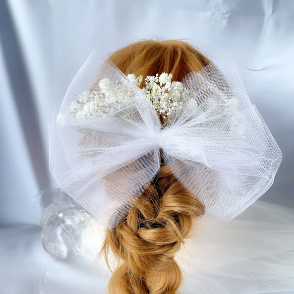 かすみ草　チュール　ヘッドドレス　結婚式ヘアアクセサリー　ブライダル　ウエディングヘアアクセサリー　ウエディングドレス 2枚目の画像
