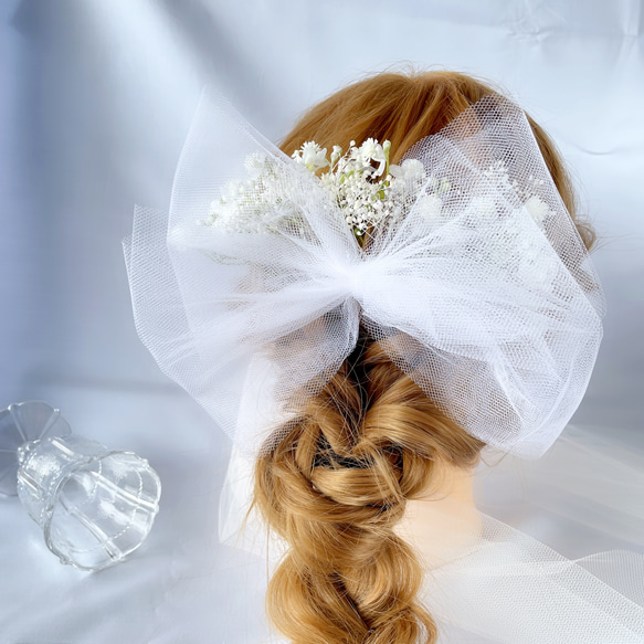かすみ草　チュール　ヘッドドレス　結婚式ヘアアクセサリー　ブライダル　ウエディングヘアアクセサリー　ウエディングドレス 4枚目の画像