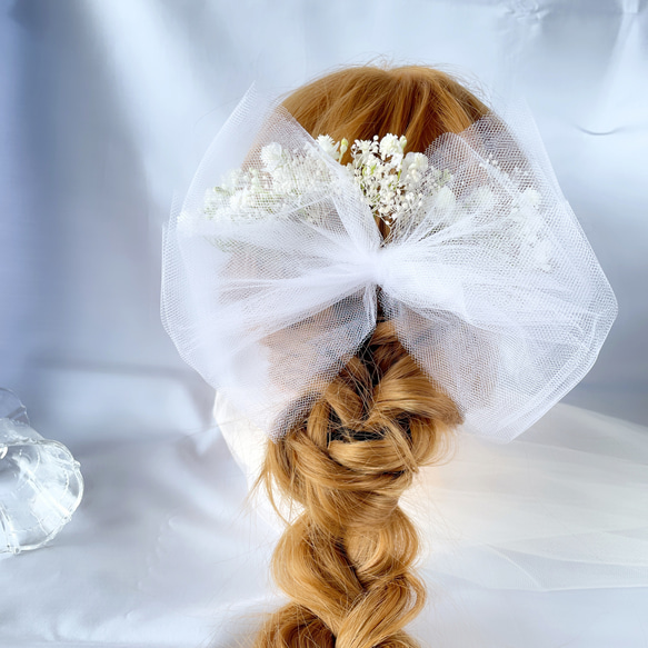 かすみ草　チュール　ヘッドドレス　結婚式ヘアアクセサリー　ブライダル　ウエディングヘアアクセサリー　ウエディングドレス 5枚目の画像
